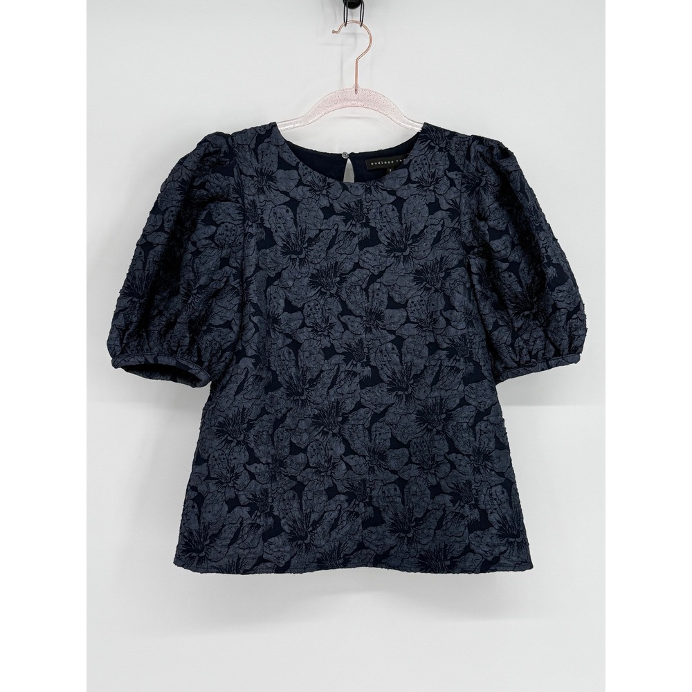 Endless Rose Navy Blue Floral Jacquard Puff Sleeve Top Blouse JJ637T Small